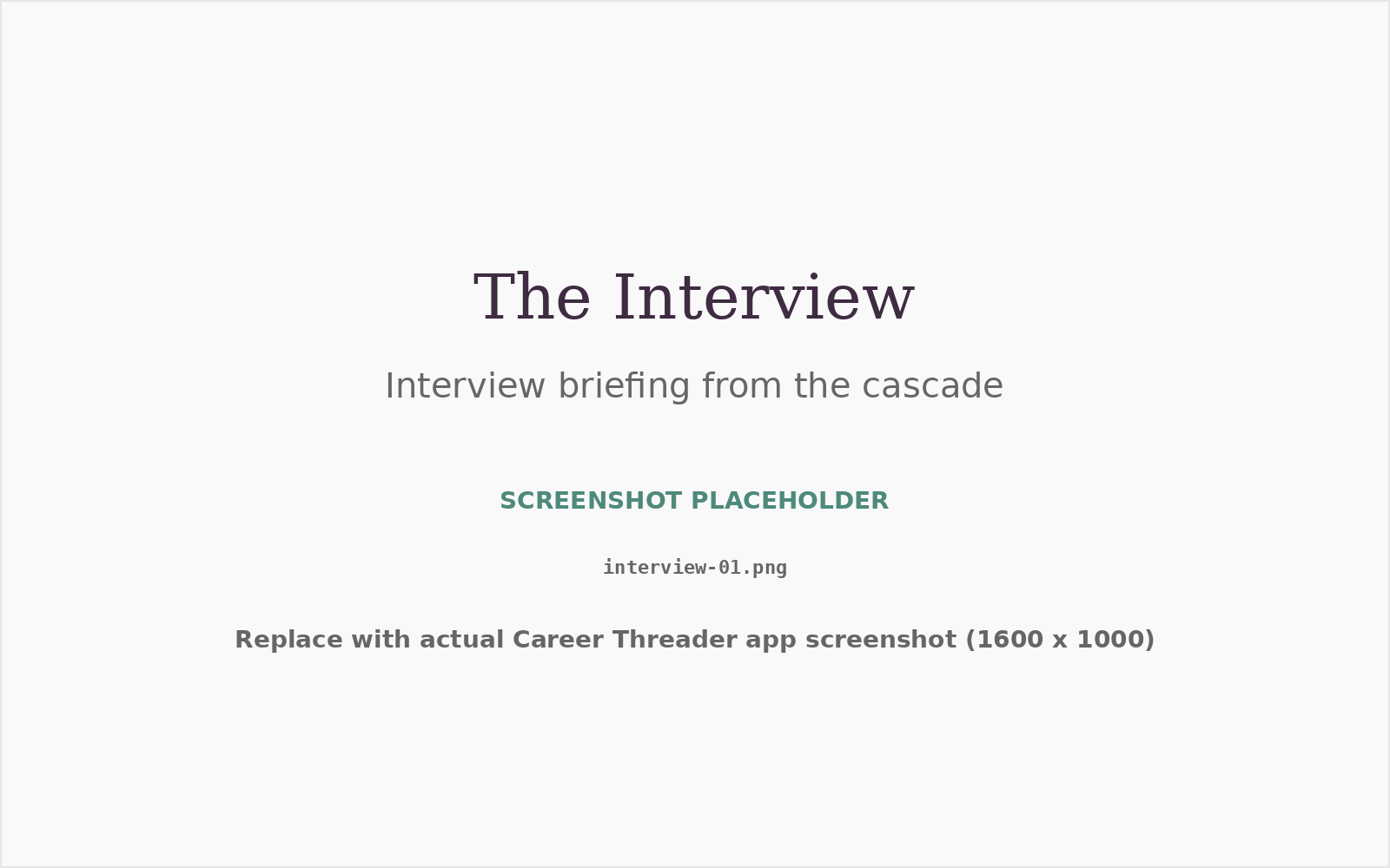 The Interview briefing view assembled from all prior cascade outputs