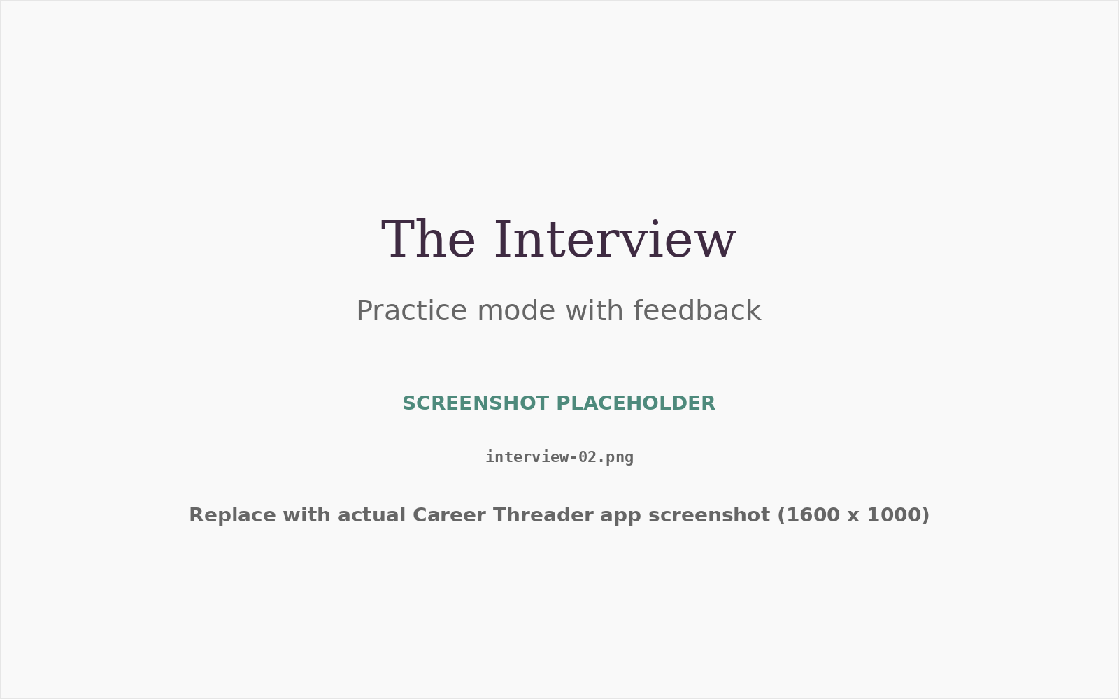 The Interview practice mode showing prompts, answer capture, and feedback panel