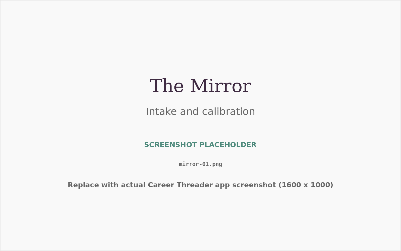 The Mirror intake and calibration screen showing structured career inputs and calibration questions